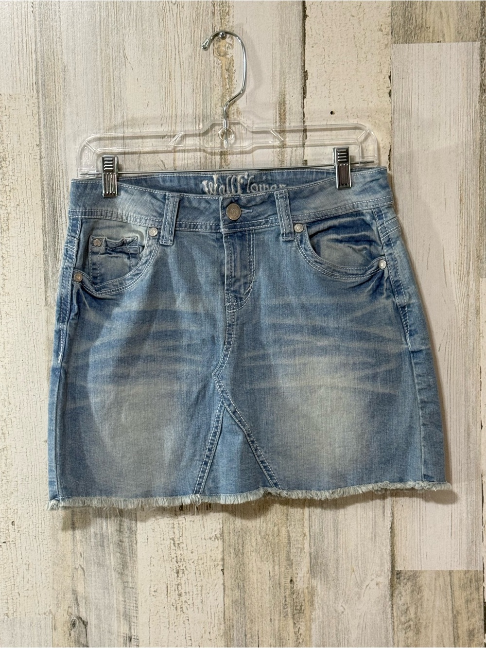 Wallflower Light Blue Washed Denim Mini Skirt with Frayed Hem - Picture 9 of 9